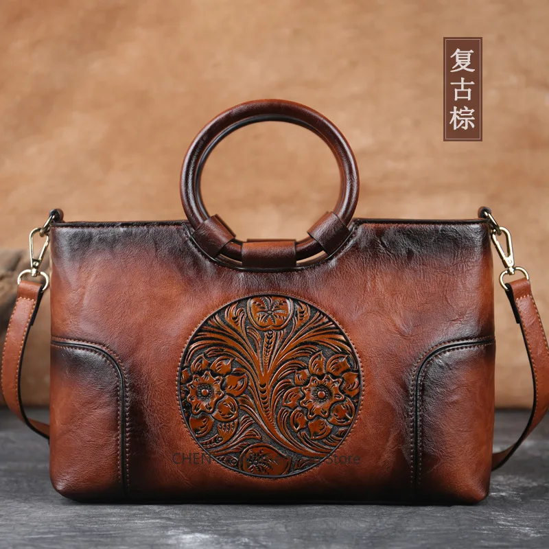 

2025 New High Quality Leather Women Handbag Retro Handmade Embossed Shoulder Bag For Women Large Capacity Female Messenger Bags