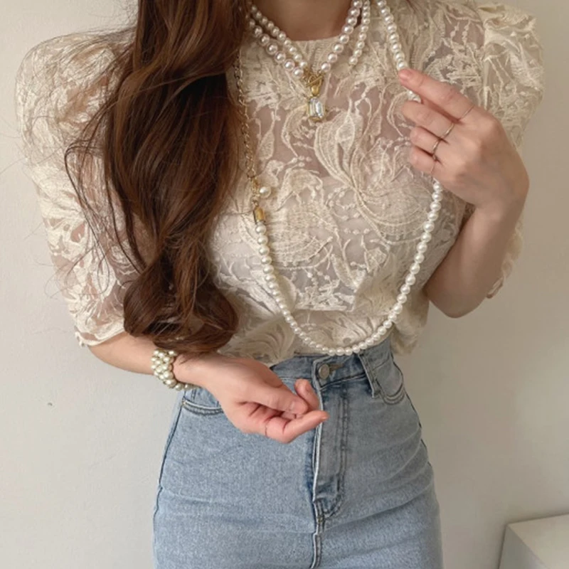 2023 Sexy Mesh Elegant Summer Shirts Korean See Through Embroidery Lace Blouse with Lining Two Piece Sets for Women Tops