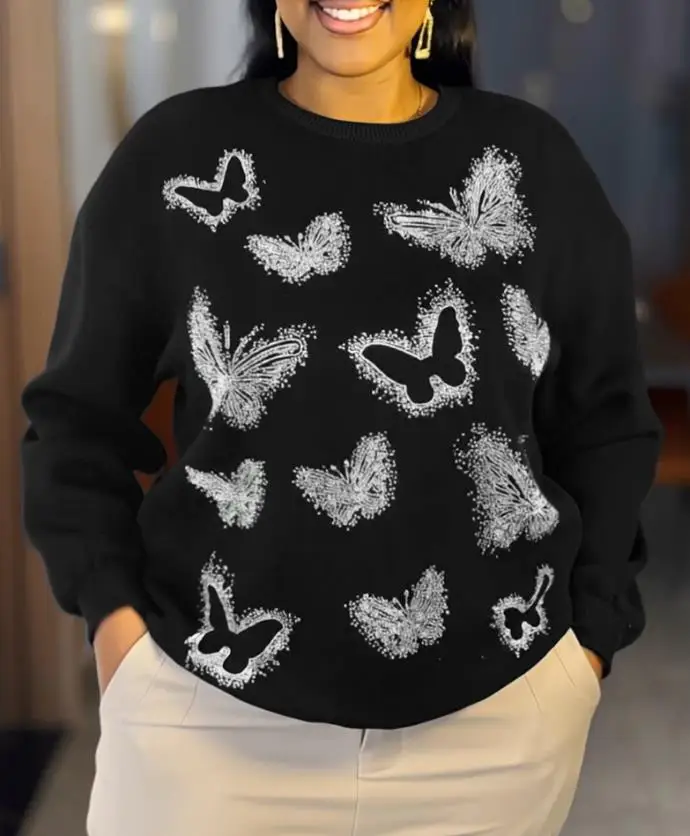 

Butterfly Print Rhinestone Decoration Round Neck Long Sleeved Sweatshirt for Autumn New Women's Casual Loose Long Sleeved Top