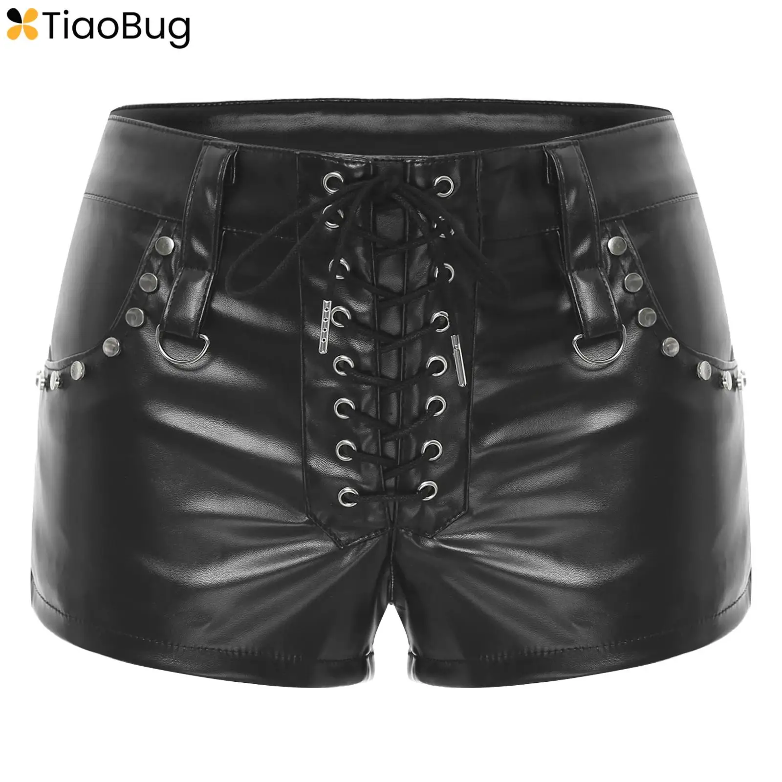 

Sexy Black PU Leather Shorts Womens Fashion Wet Look Low Waist Lace-up Pockets Rivets Minipants Tight Fitting Hot Pants Clubwear