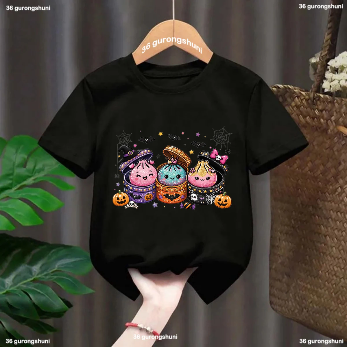 Funny Wizard Dumpling Pumpkin Graphic Print T-shirt - Cute Girls Halloween Party T-shirt Tops - Childern Halloween Gift Clothing