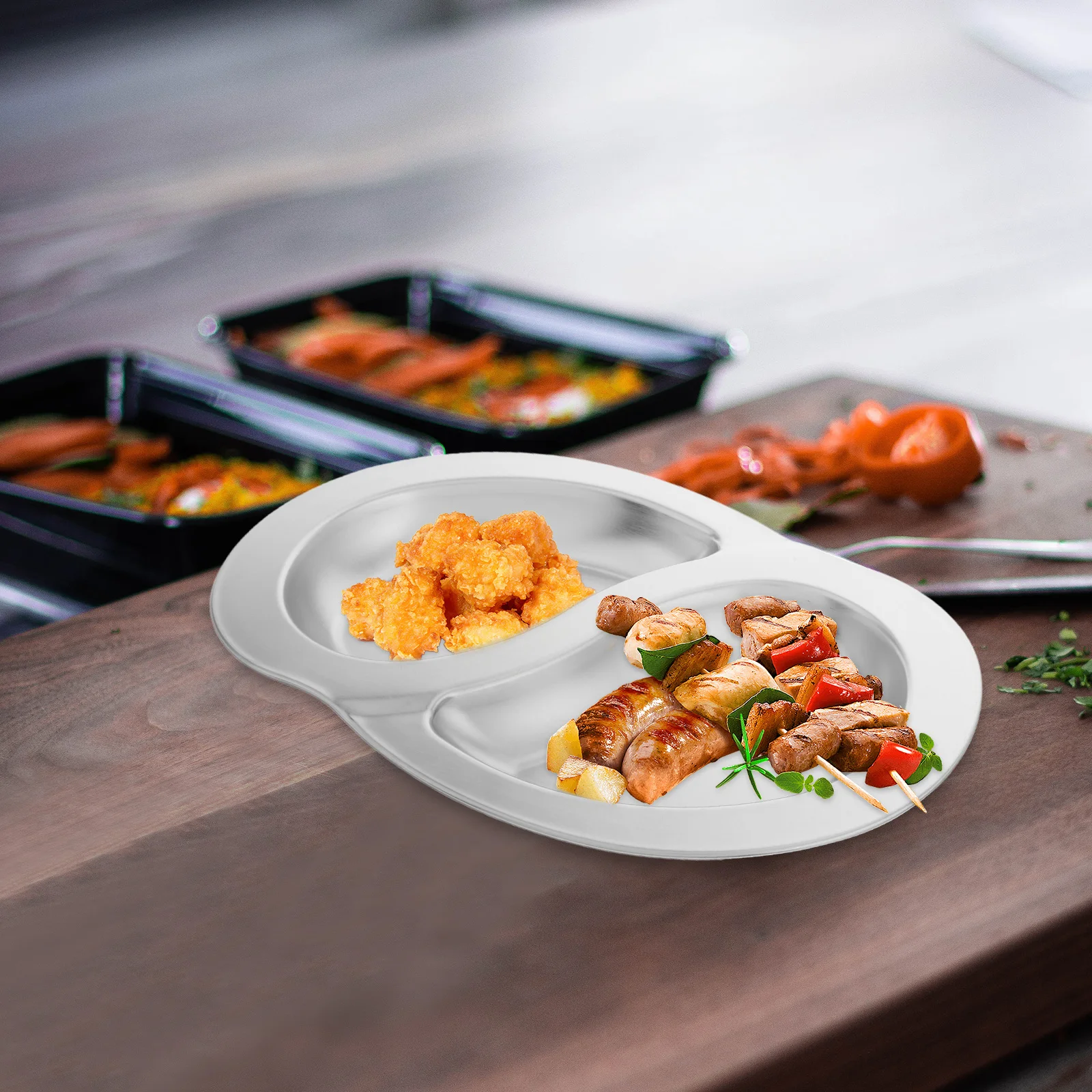 

Stainless Steel Divided Dinner Tray Dual Compartment S-Shaped Design for Bbq Camping Outdoor Snack Serving Plate