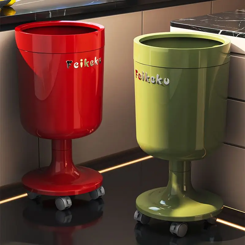 Movable Waste Bin With Wheels, Glossy Plastic Trash Can, Tall Goblet Shape Garbage Container For Kitchen Bathroom Living Room
