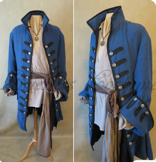 18th Century Men's Barbary Coast Pirate Coat Medieval Vintage Blue Pirates outfits Jackets top and belt full set Halloween suit