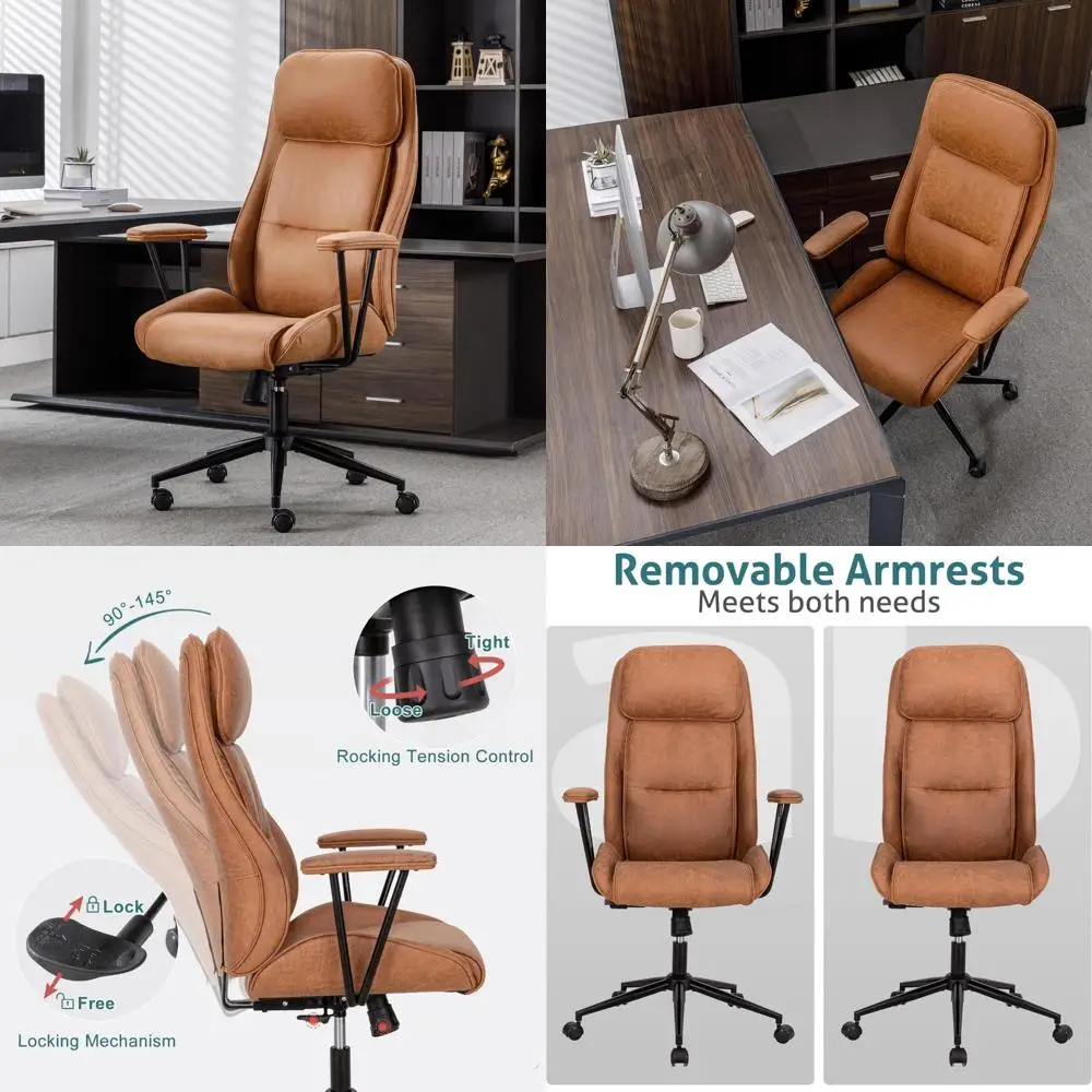 Ergonomic High-Back Swivel Chair for Modern Office and Conference Rooms, Brown Leather