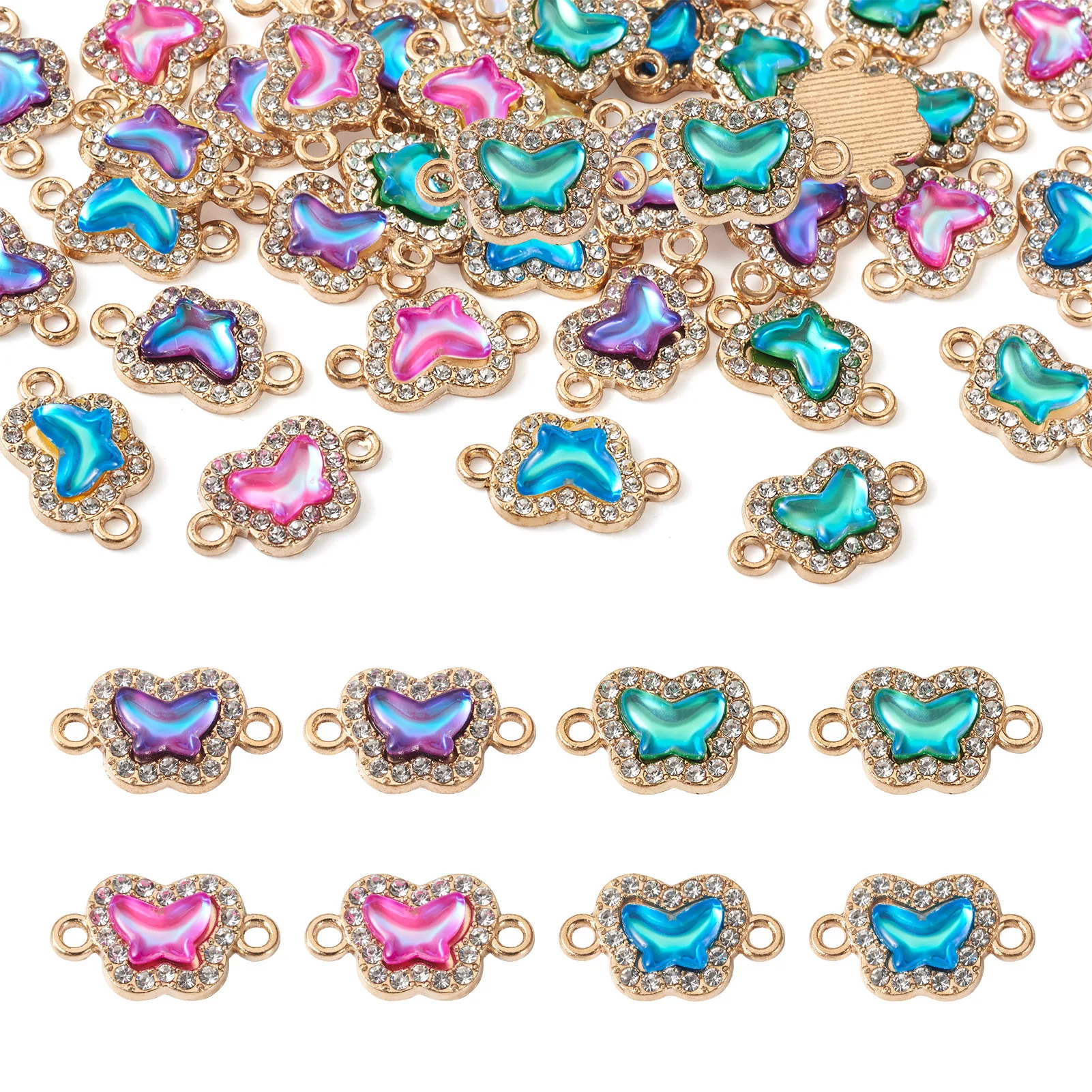 

48pcs Crystal Alloy Rhinestone Butterfly Connector Charms Bracelet Necklace Accessories for Women Jewelry Gifts 18x10.5mm