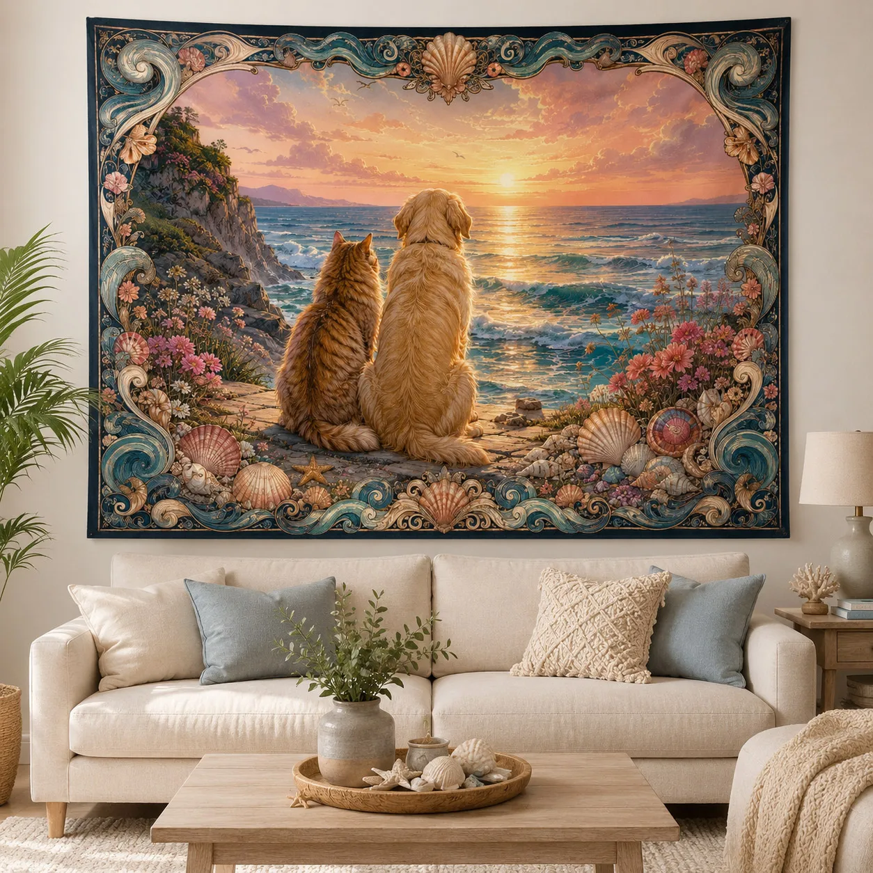 Cat Dog Ocean Sunset Tapestry Seaside Pet Landscape Wall Hanging Coastal Wall Decor for Bedroom Living Room Dorm