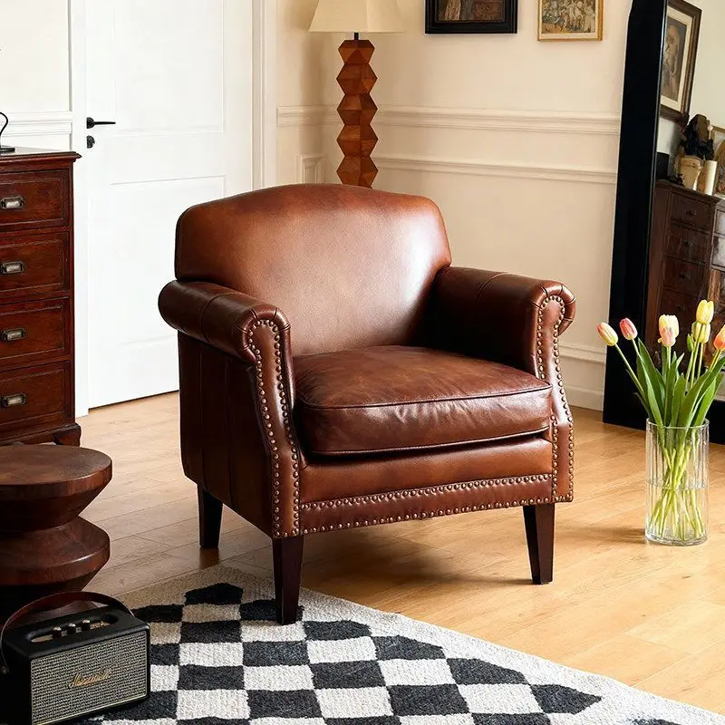 American retro leather art single sofa chair French medieval small apartment home designer casual tiger chair