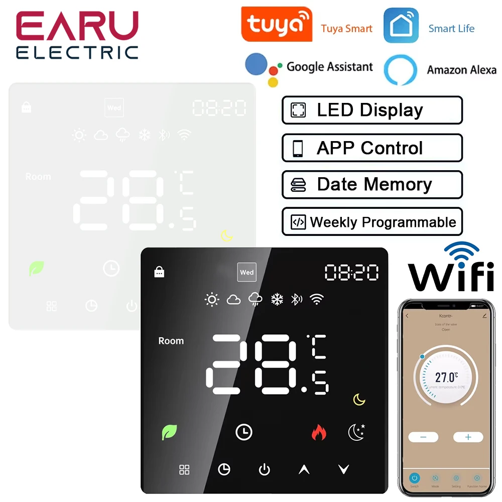 

Умный термостат Tuya Wi-Fi, электрический подогрев пола TRV, водяной газовый котел, температура, голосовой пульт дистанционного управления для Google Home Alexa