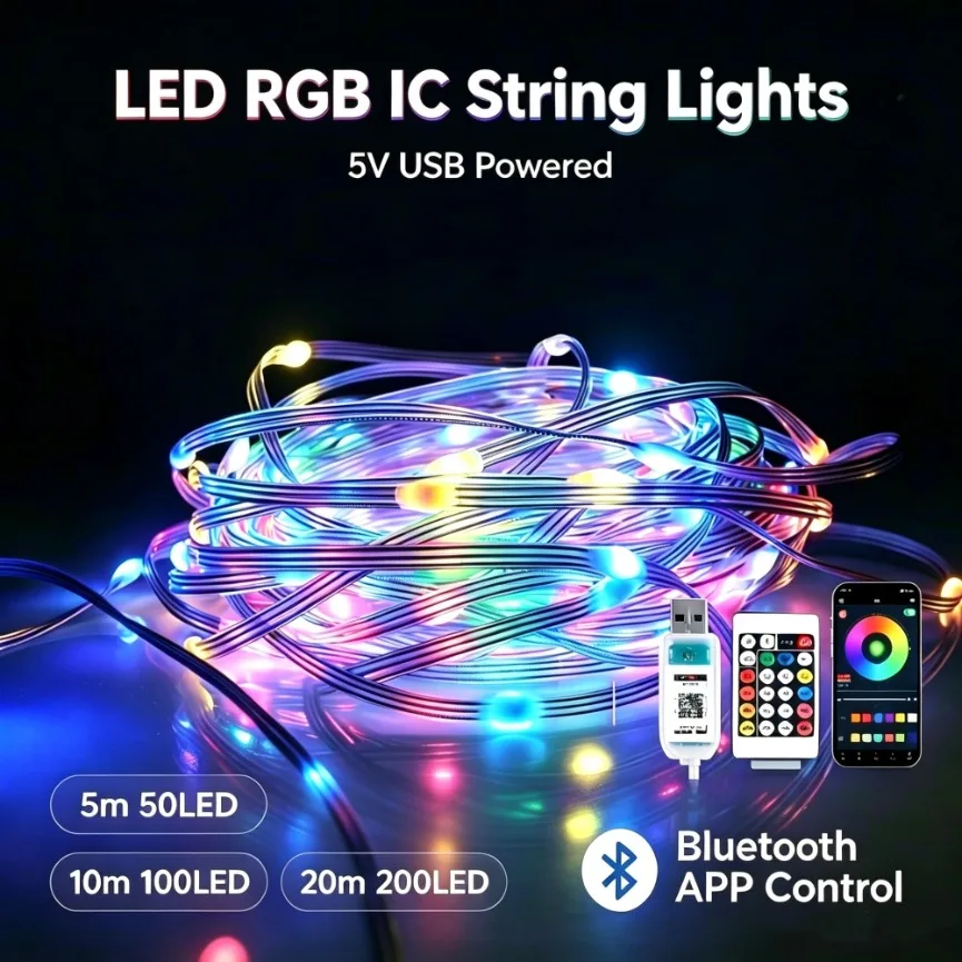 5M 10M 20M USB Smart RGB LED String Light Copper Wire Bluetooth APP Waterproof Music Sync Christmas Outdoor Camping Bar Decor