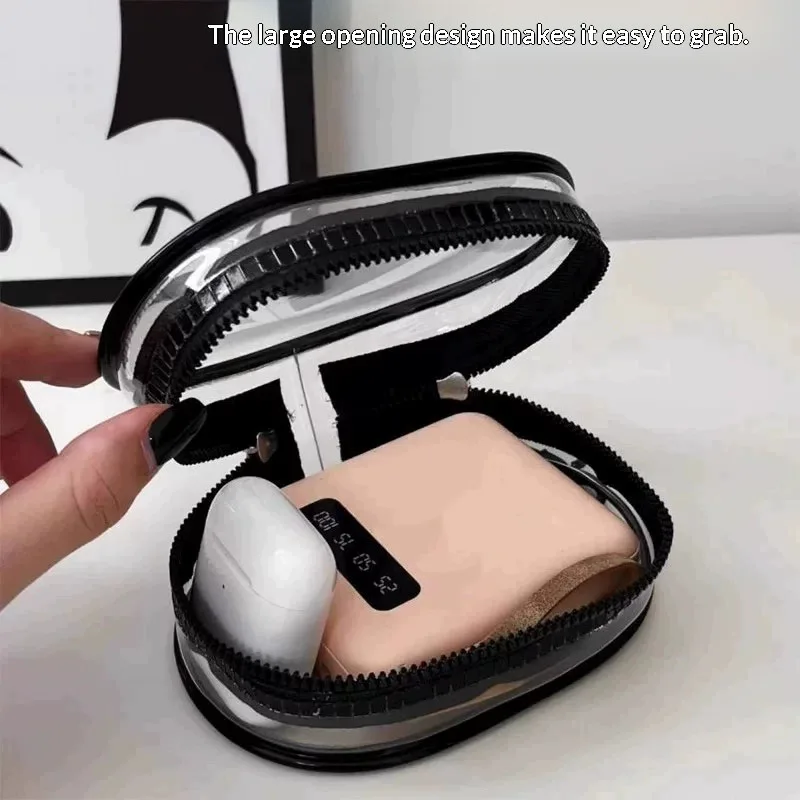 Portable Clear PVC Storage Case with Keychain, Oval Zipper Bag for Data Cable Charger Earbuds Small Gadget Travel Organizer