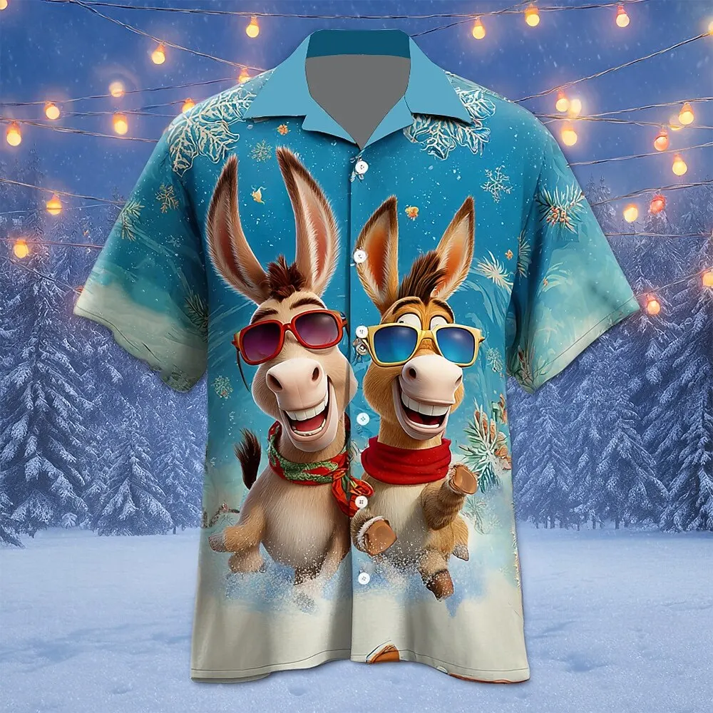 عيد ميلاد سعيد قمصان قصيرة الأكمام الأزياء الإبداعية الحيوان نمط عيد الميلاد قمم فضفاضة عارضة مريحة زر التلبيب الملابس