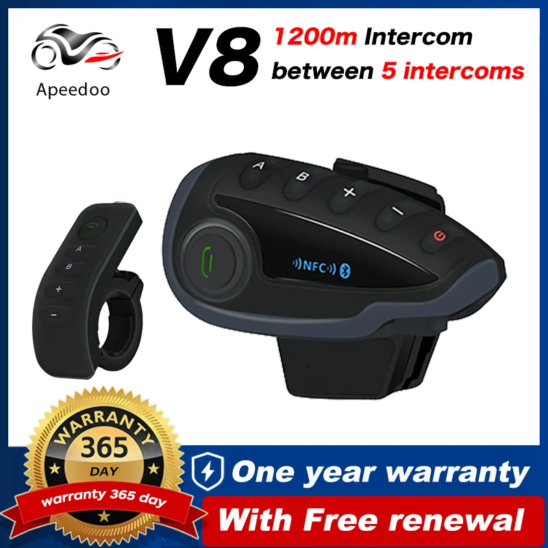 Apeedoo Helmet Headsets Intercom Moto 1.2km 5 Riders GPS FM Radio Waterproof Communication Interphone Talk& Listen to Music V8