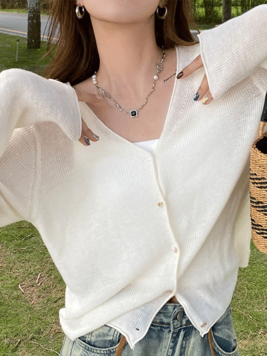 

Retro Ice Silk Long Sve Knitted V-Ne Open Cardigan awl Women's Summer Thin Slimming Air Conditioner Cover up Top