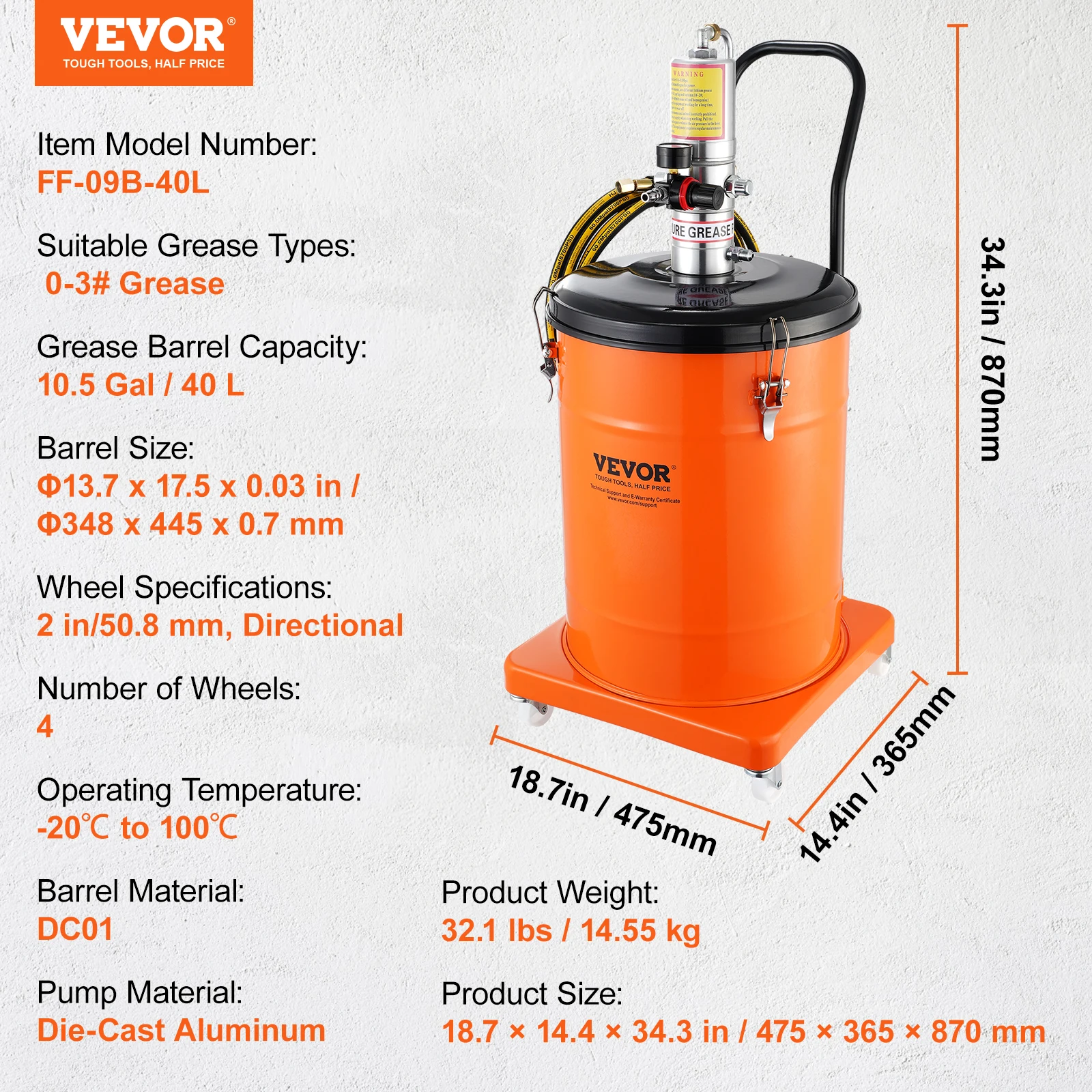 SucceBuy 3/5/10 Gallon Vetpomp Luchtbediening met Slang Pneumatische Vetemmer Pistool en Wielen voor Auto's 50:1 Drukverhouding