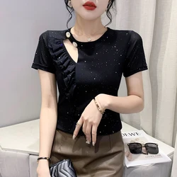 Black Summer Korean Style Mesh T-Shirt Chic O-Neck Ruffles Shiny Women Tops Short Sleeve Sexy Hollow Out Casual Tees New 431912