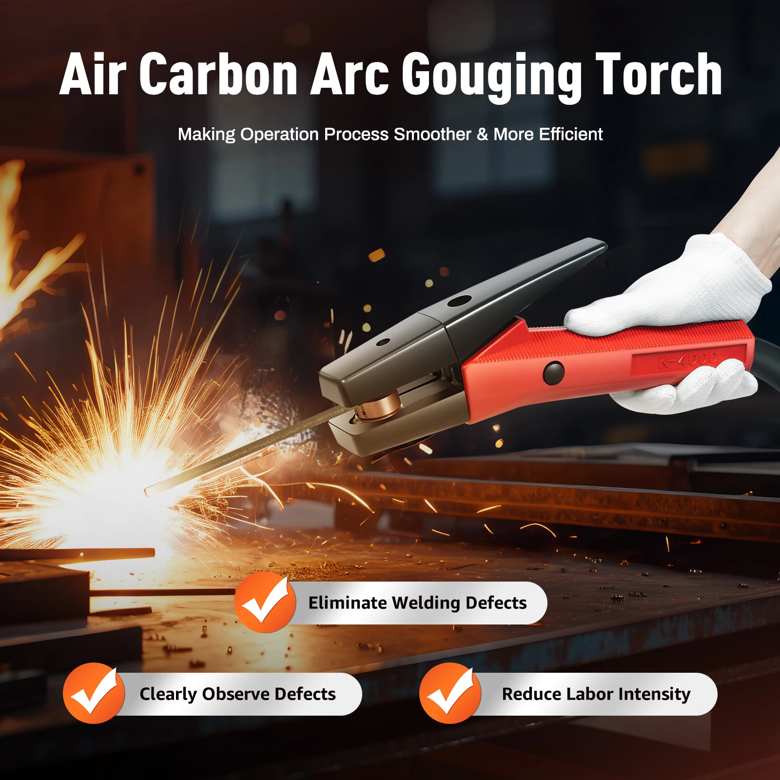 1000A Air Carbon Arc Gouging Torch – 360° Rotating Chuck, 86.6in Flexible Hose, for Metal Slotting Welding – K4000
