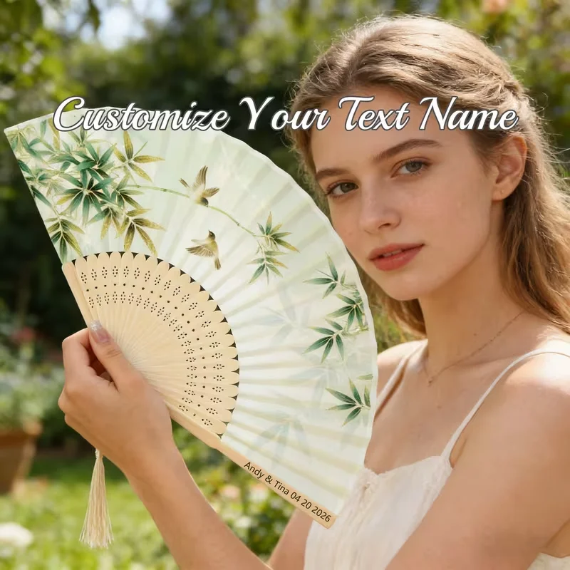 Customizable】10 Bamboo Folding Hand Fans with Customizable Text - Traditional Chinese Green Bamboo and Bird Motifs, Portable Fabric Fans with Tassels, Suitable for Summer Cooling, Wedding Bridal Showers, Tea Parties, Photo Props, and Gifts