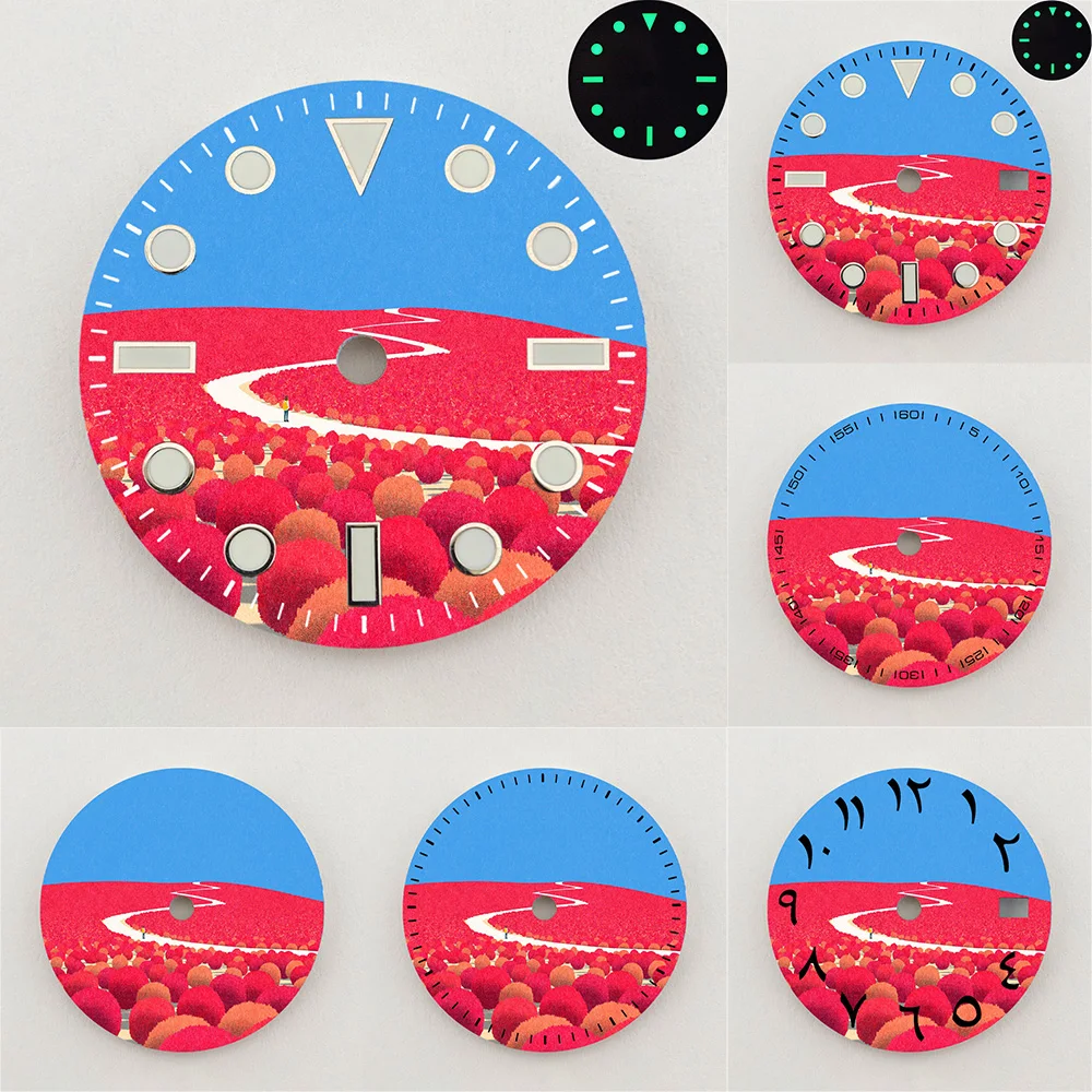 28.5mm NH35 Dial Art Style Red Forest Path Scenery Dial Luminous Dial Colorful NH36 Dial Watch Accessories Fits NH35/36 Movement