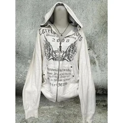 Vintage Sweatshirtler 2025 Kadın Giysileri Beyaz Baskılı Tunik Kapüşonlu Y2K Mont Sokak Modası Günlük Kapüşonlu Üstler Ropa Mujer