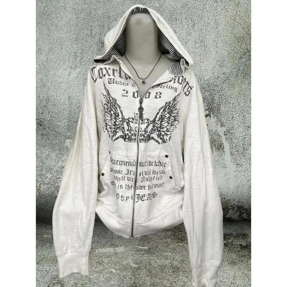 Bluzy w stylu gothic vintage, damskie kurtki, biała tunika z nadrukiem, płaszcz z kapturem w stylu Y2k, moda streetwear, codzienne bluzy z kapturem, topy, ropa mujer.