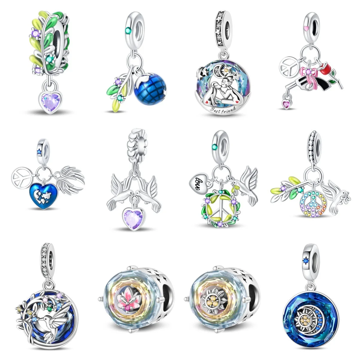 Original Charms Silver Plated Beads Fit Bracelets Diy Women Gift Accessory Peace Dove Globe Rose Heart Colorful Crystal Pendant