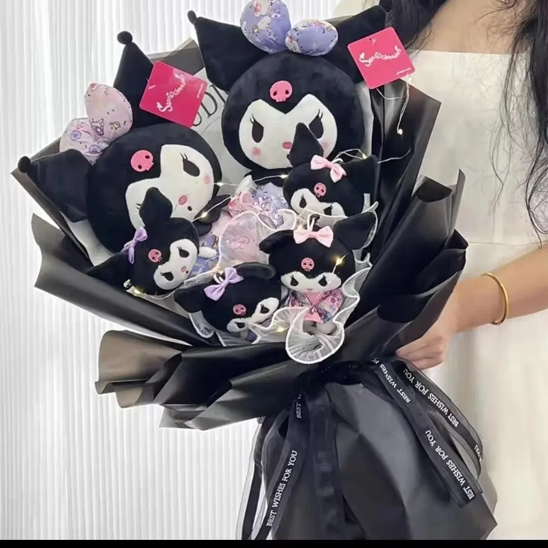 Spot Goods Sanrio Anime Kuromi Plush Toy Bouquet Kawaii Filled Plush Flower Bouquet Room Decoration Doll Valentine'S Day Gift