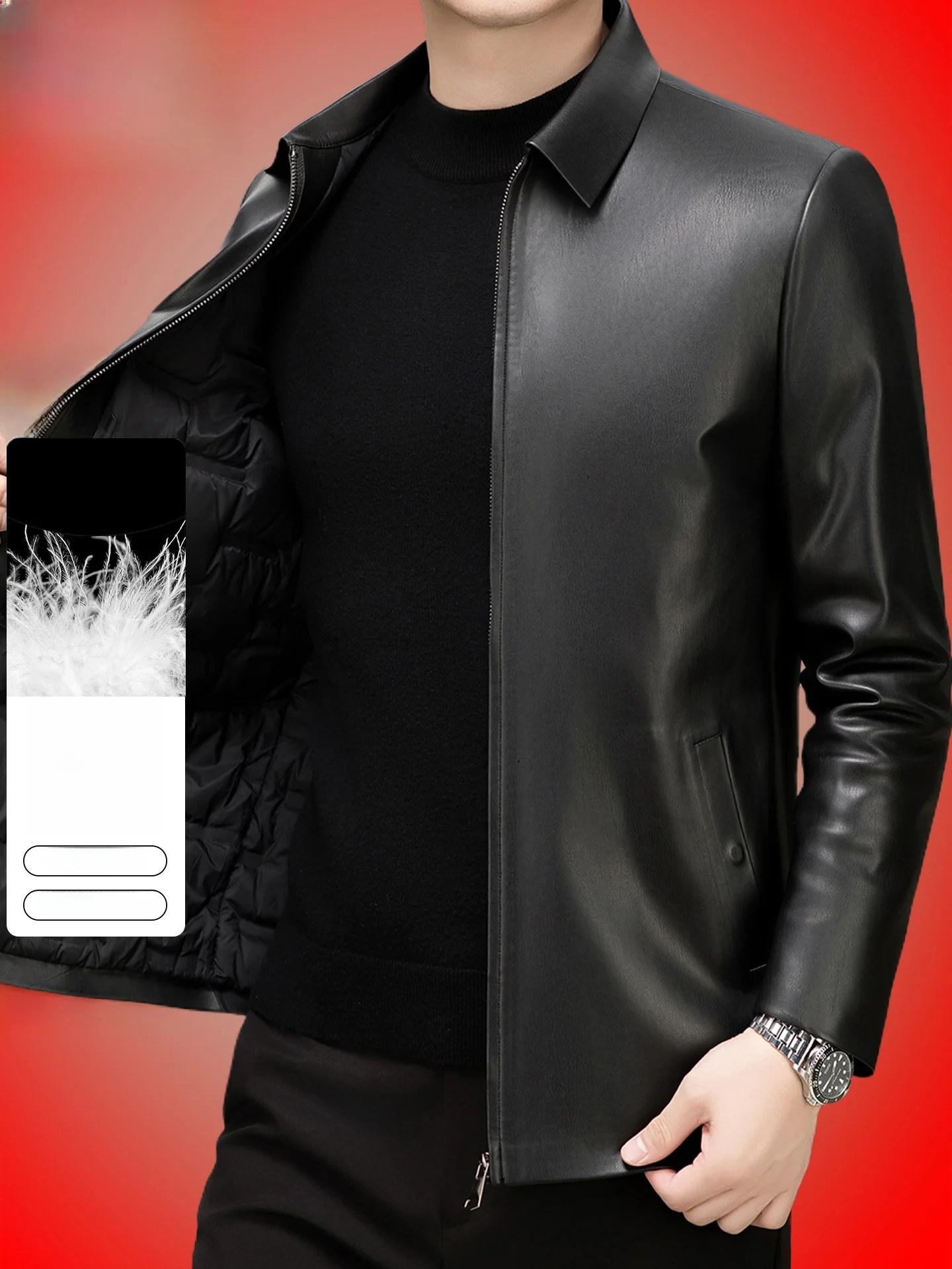 

Busin Dad Men's down Jaet White Du Feather PU Leather Coat Warm Thi Long Sve Zipper Closure Pure Color Winter Out...
