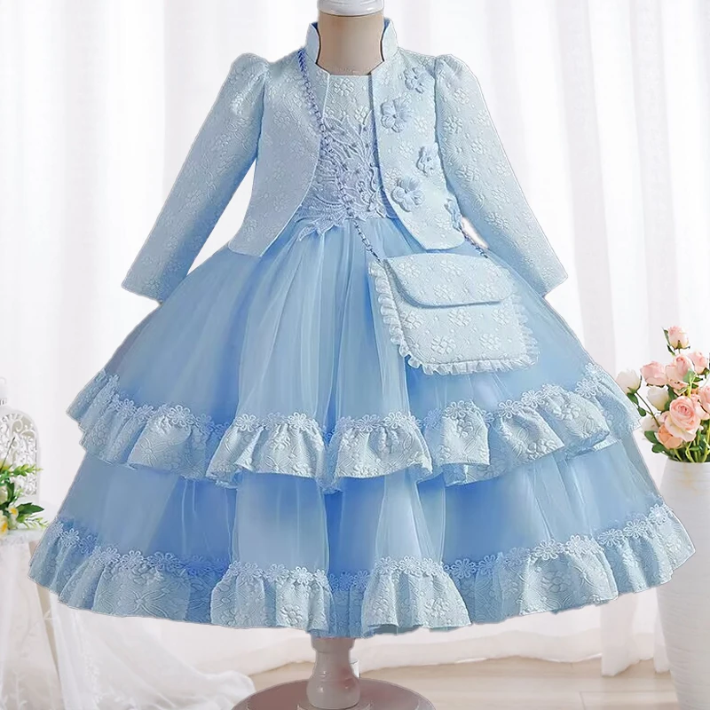 New 2024Girls' Dress Elegant Long Sleeve Embroidery Party Dress Wedding Flower Child Dress Free Delivery for Girls aged 0-8