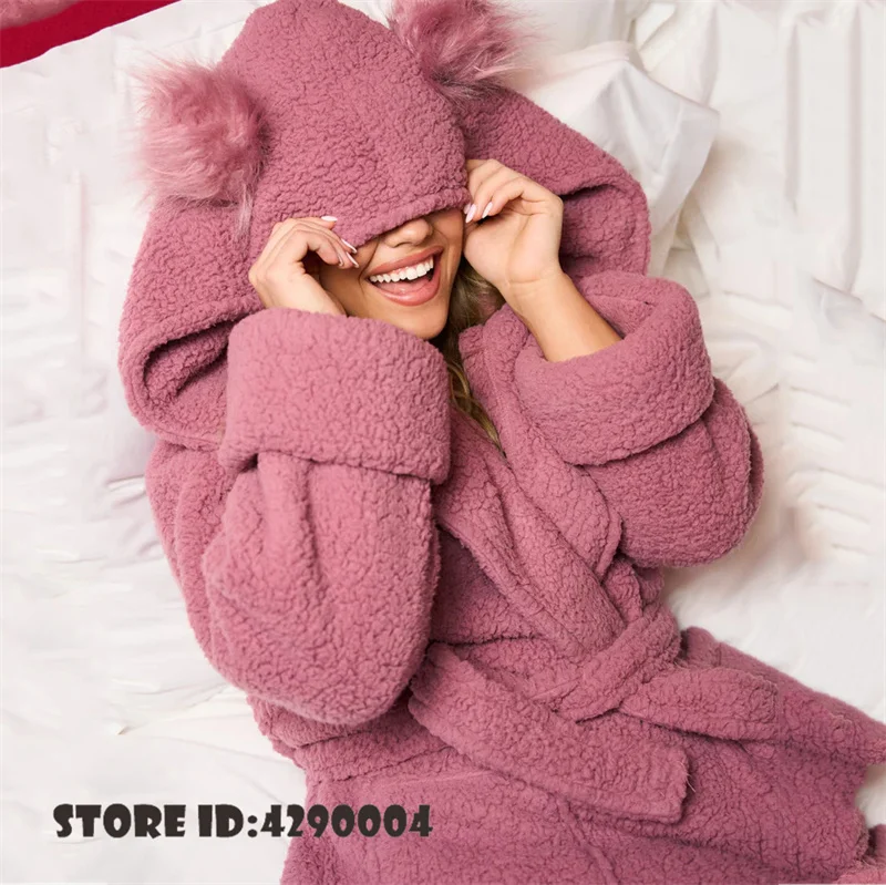 Thicken Polar Fleece Warm Hooded Women's Robe Sleepwear Cute Cosplay Bear Costume Nightwear Autumn Winter Flannel Homewear