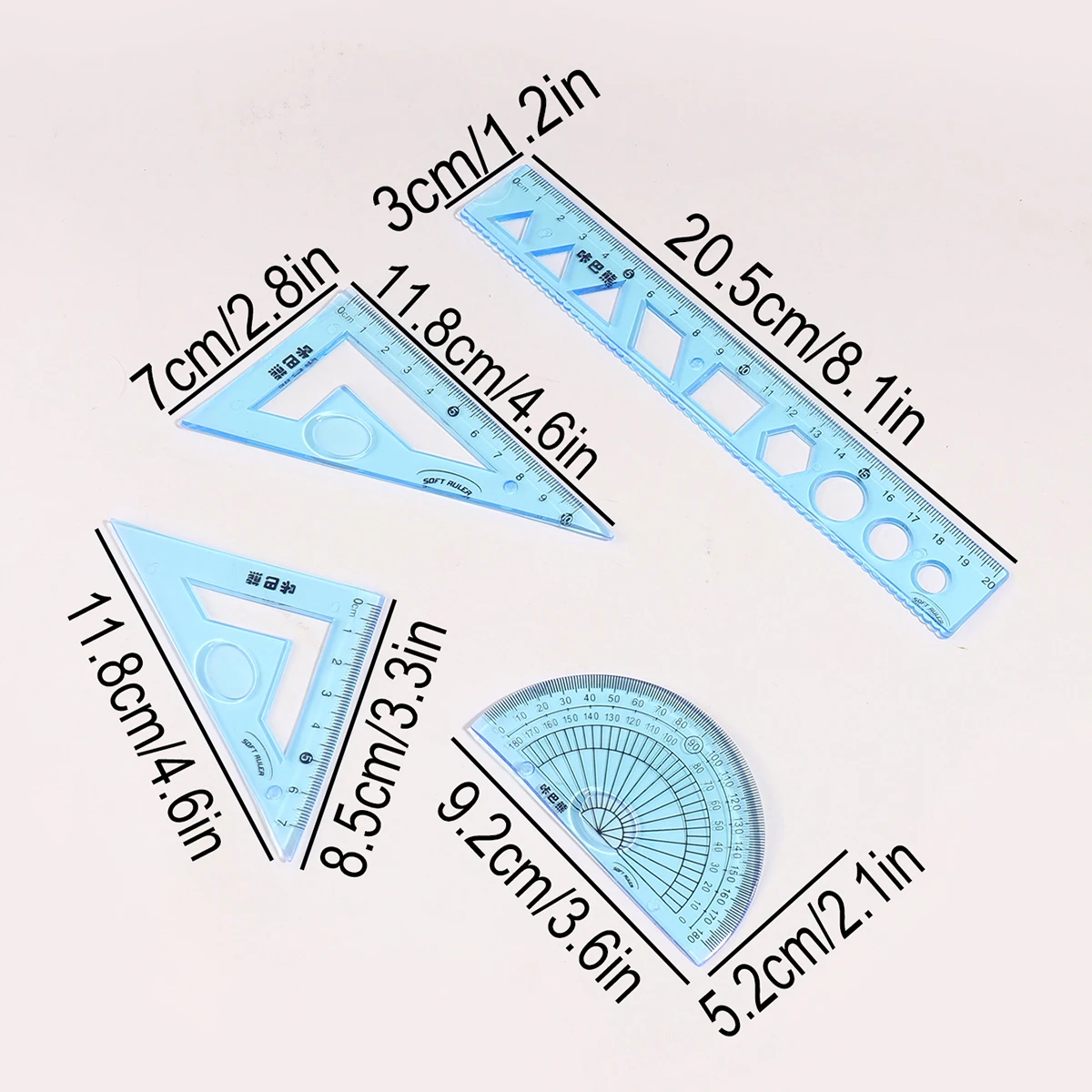 4-piece minimalist transparent ruler set, daily drawing and measuring ruler, with numerical scales, a gift for classmates.