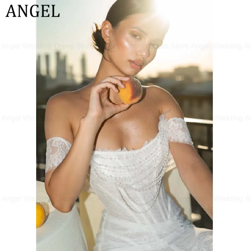 Anjo personalizado luxuoso pérola renda vestido de casamento fora do ombro sereia sexy vestidos de noiva novia festa vestidos de noite