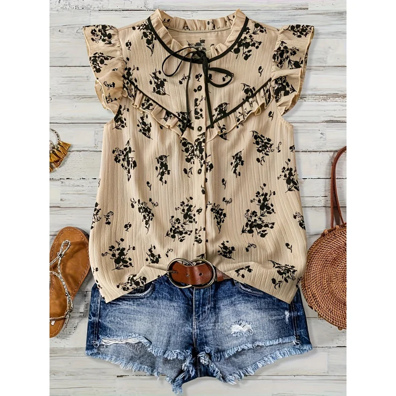 

Women's Summer Casual Elegant Blouse - Black Floral Geometric Print on Beige, Ruffled Lace Trim & Sleeves
