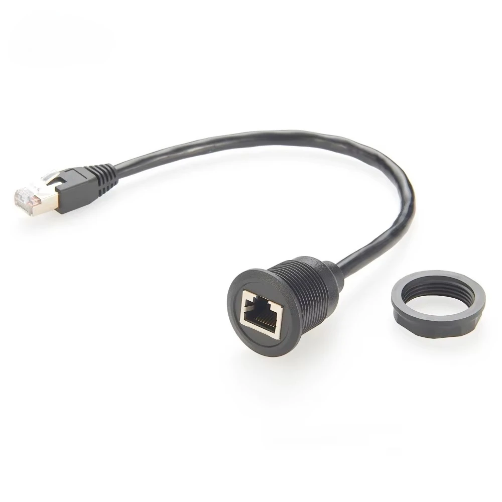 CAT5e RJ45 Male to Female Ethernet Round Panel Mount Extension Cable LAN Network for Industrial Equipment Cabinet Chassis Flush