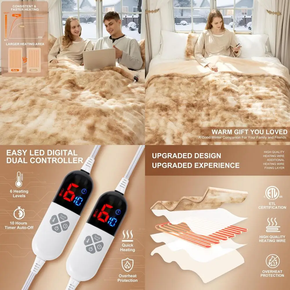 

Queen Size 84x90 Bubble Faux Fur Electric Blanket with 6 Heating Levels & 10-Hour Timer, Washable, ETL Certified