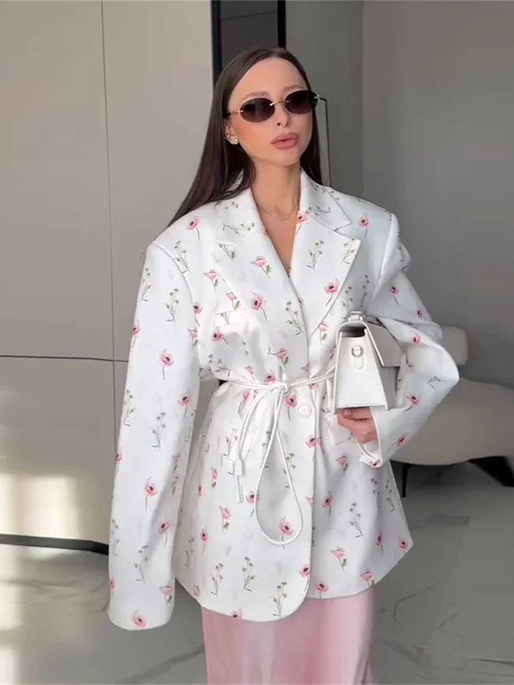 Trendy Womens Flower Printed Blazer Waist-Closed Turn-Down Collar Lace Up Lady Top 2025 Spring Summer Elagant Female Outwear