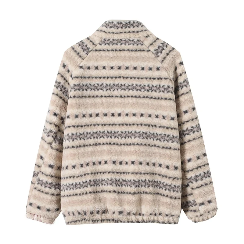 여성용 테이니드 페이스 라이닝 스탠드 칼라 양털 재킷 레트로 스타일 코트 따뜻한 폴리에스터 섬유 롱 슬리브 지퍼 클로저