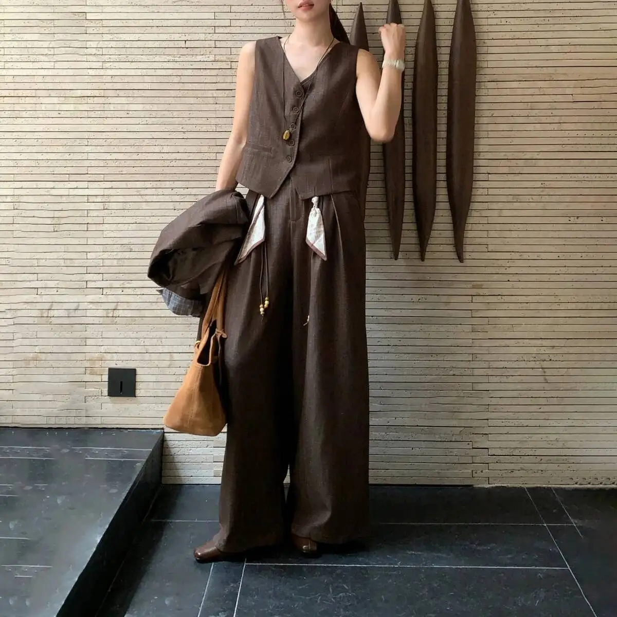 BJTZ سترة واحدة الصدر الخامس الرقبة سترة عالية الخصر السراويل واسعة خمر المرأة 3 قطعة دعوى مجموعة ربيع الخريف موضة جديدة