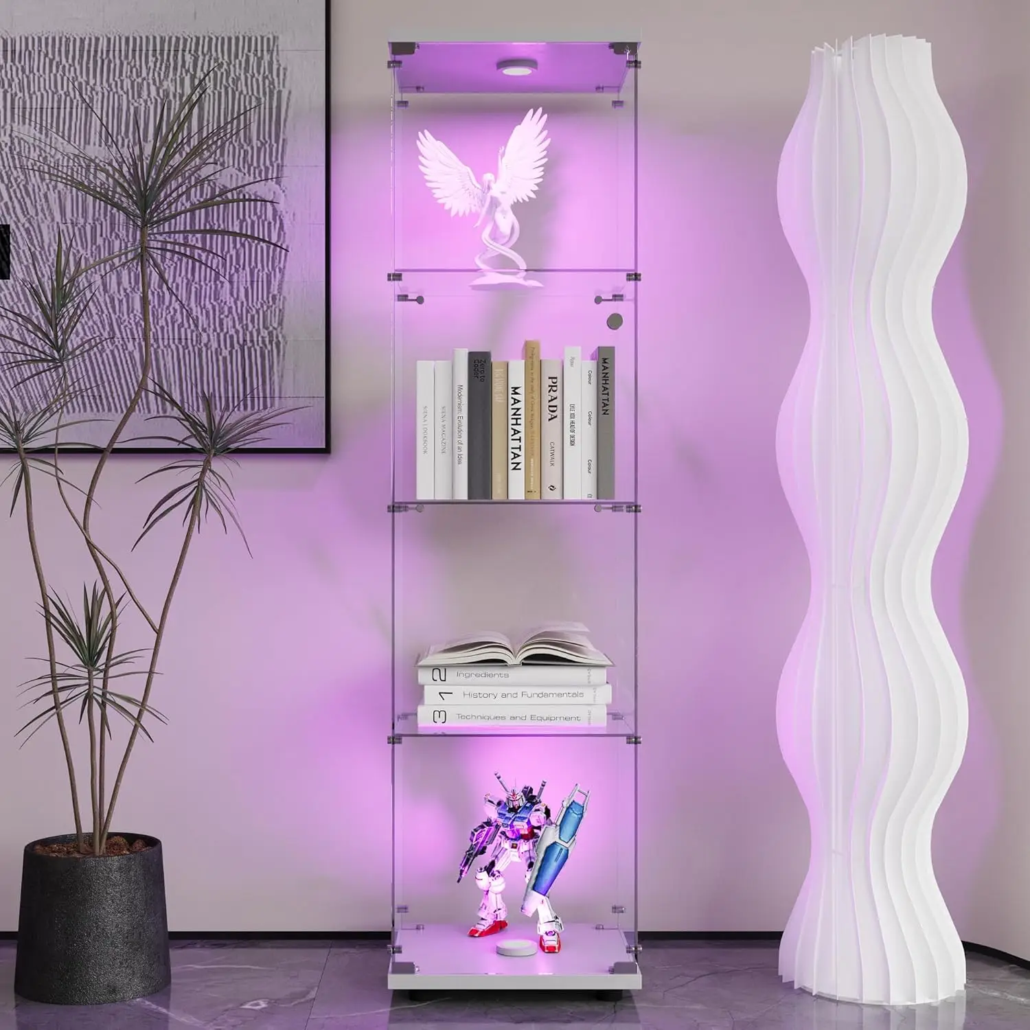 Vitrine en verre pour collection avec LED, 1 porte, 4 étagères, meuble de présentation transparent, vitrine en verre, figurine, vitrine en verre, salon, bar (4 niveaux, 1 porte + LED, blanc)