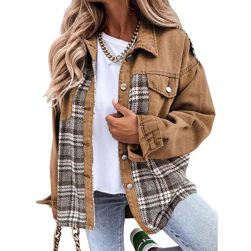 2024 New Autumn Women Button Coat Spring Irregular Tops Outwear Mujer Vintage Fashion Plaid Print Patchwork Denim Jacket Elegant