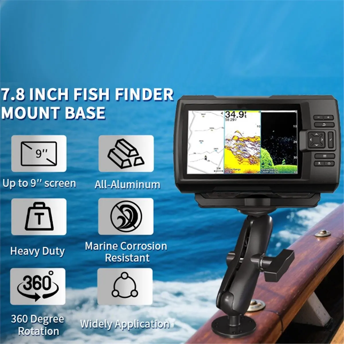 Aluminum Fishfinder Mount Base Ball-Mount Fish Finder Mount 360 Degree Rotation Fish Finder Holder for