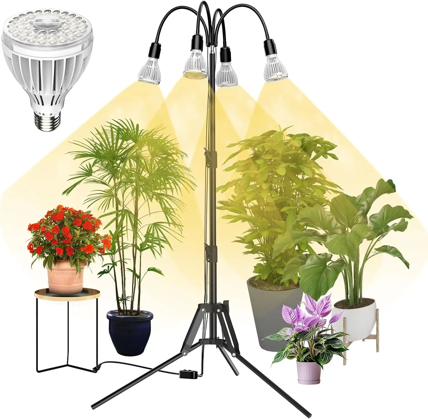 

128W Full Spectrum Indoor Plant Grow Light with Adjustable Tripod, High PPFD, 4 Pack Bulbs