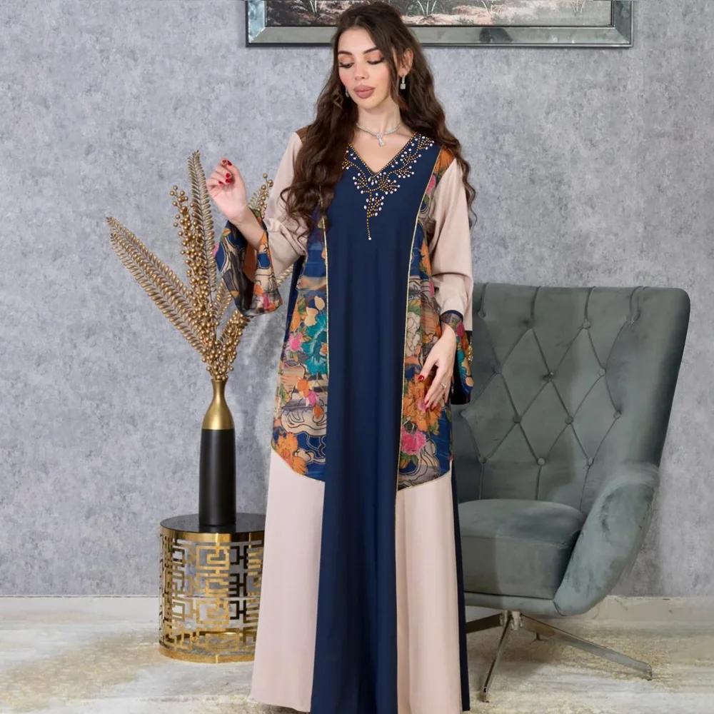 UNI 2025 Eid musulman Abaya femmes Robe de soirée col en v imprimé couleur bloquée robes longues Abayas robes Largos caftan Robe