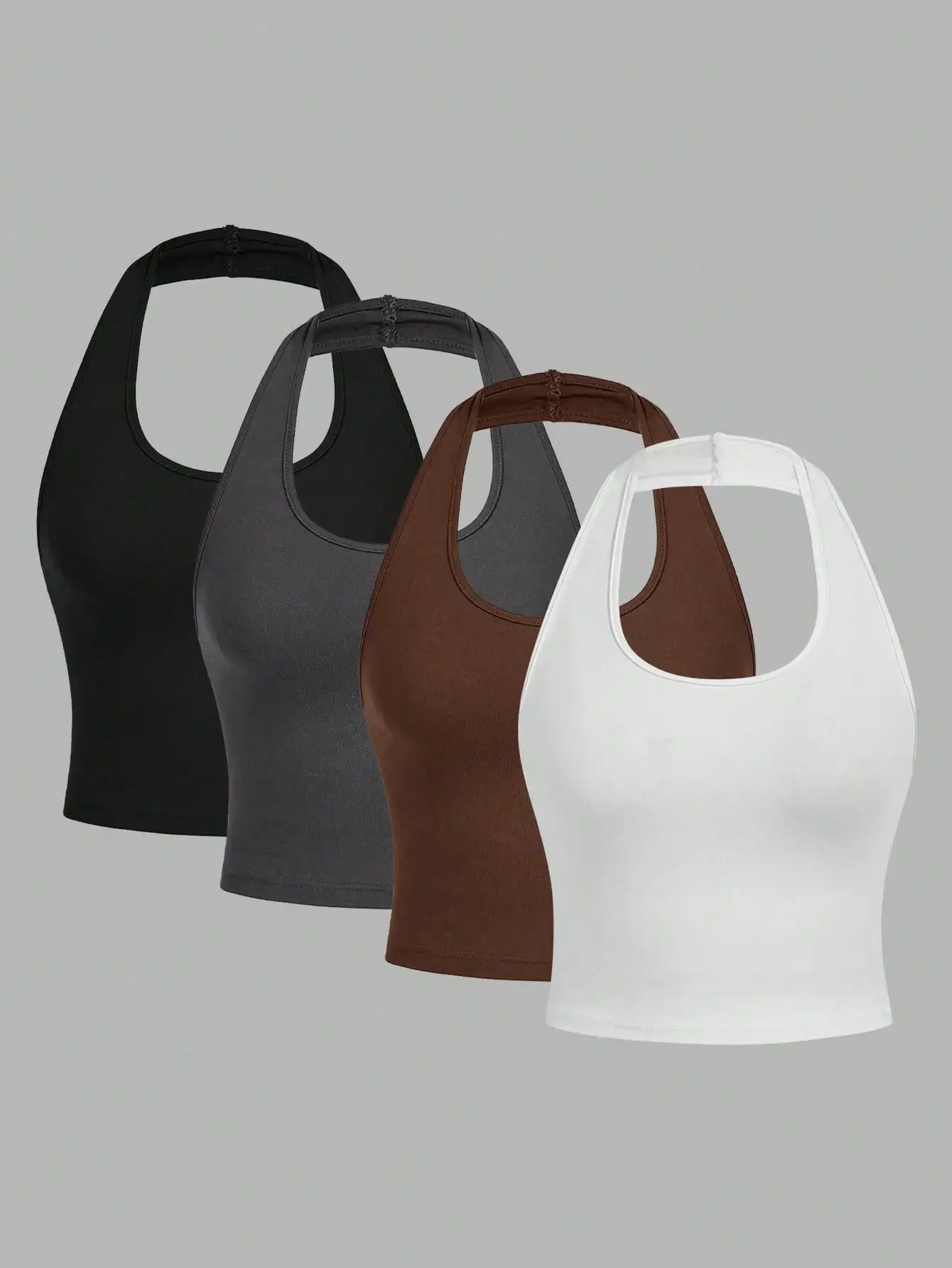 

4pcs Women's Short Halter Crop Top, Casual Summer Basic Tank in Black, Grey, Brown, White