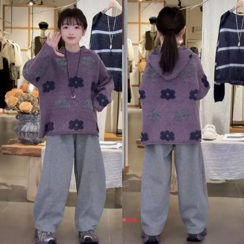 Baby Girl Spring and Autumn New Style Hooded Floral Sweater Fashion and Comfortable Kids Purple Outwear Clothes
