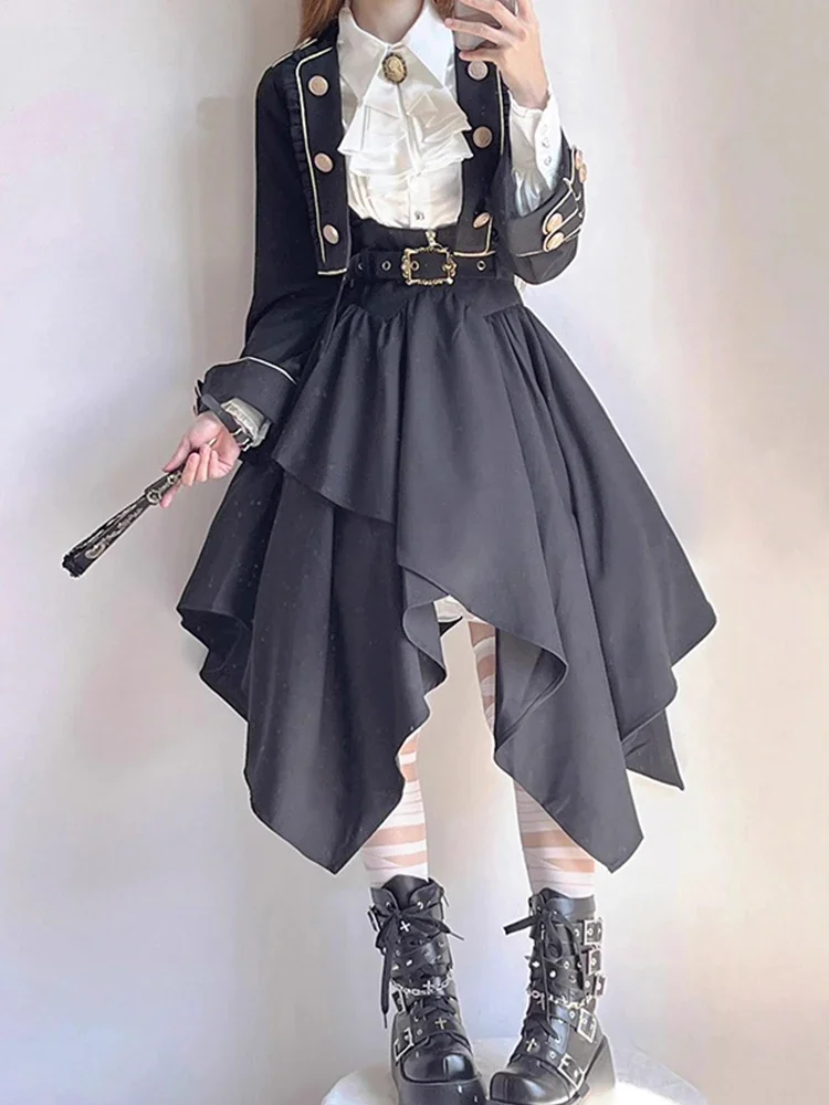 Gelap Gotik kostum Halloween Wanita Lolita Set Academy Style Lolita mantel tali gaun