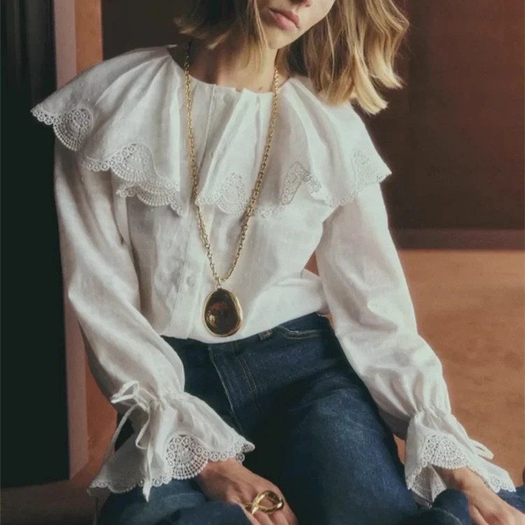

White Women's Cotton Blouse with Lace Trim & Embroidery Peter Pan Collar Long Flared Sleeve Spring 2026