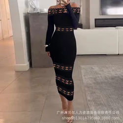 2024 Dames Effen Haak Bloem Holle Lange Mouwen Slash Hals Midi Bodycon Formele Party Zwarte Jurk