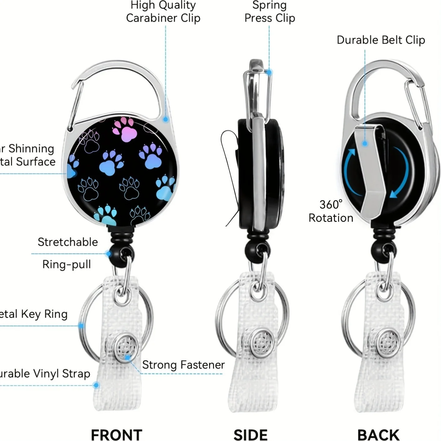 Hondenklauw-badgeclip met intrekbare haspel en afneembaar koord, intrekbare zware badgehaspel, ID-clip met afneembaar koord,