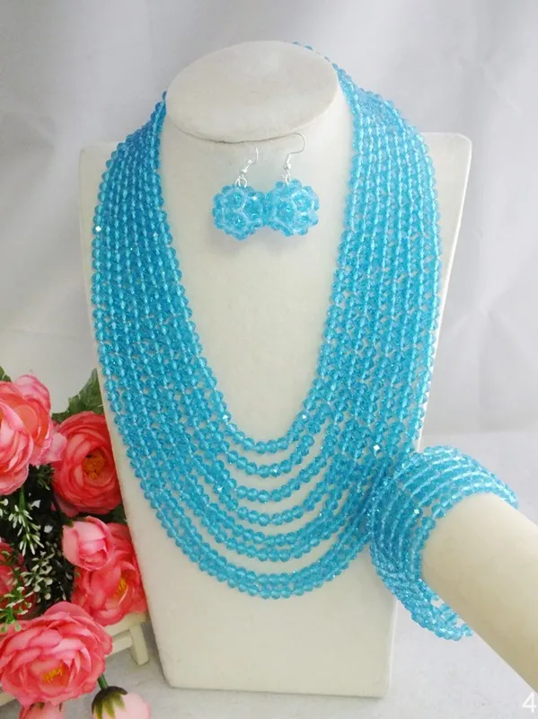 

2021-new Fashion Nigerian Blue Crystal Beads 8 layers Jewelry Set